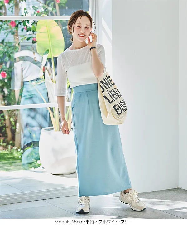 [ 田中亜希子さんコラボ ]選べる長袖/半袖　クルーネックシアーリブニットトップス [C7339] 　