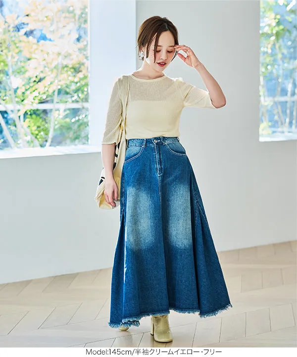 [ 田中亜希子さんコラボ ]選べる長袖/半袖　クルーネックシアーリブニットトップス [C7339] 　