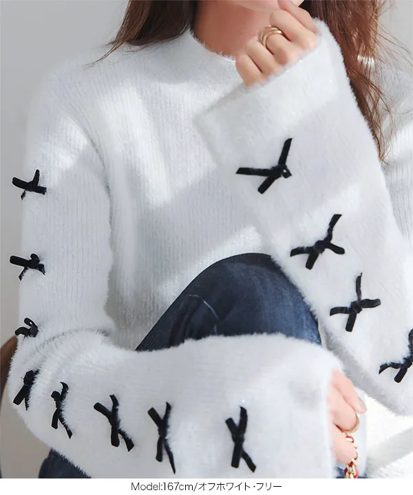 リボンスリーブシャギーニットトップス [C7345] - レディース