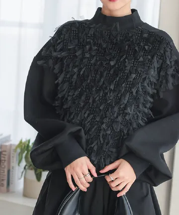 チュールフリンジダイバーモックネックトップス [C7346] | SALE！ 　