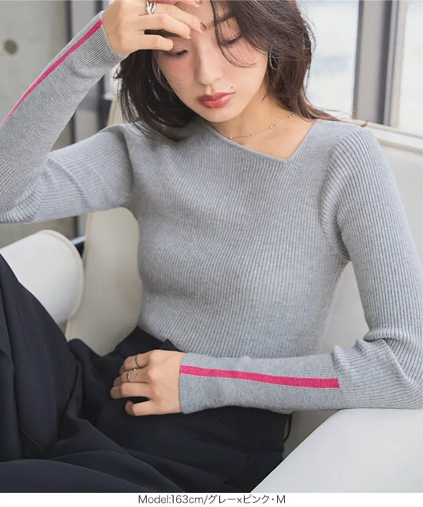 アシンメトリーネックリブニット [C7371] | SALE！ - レディース