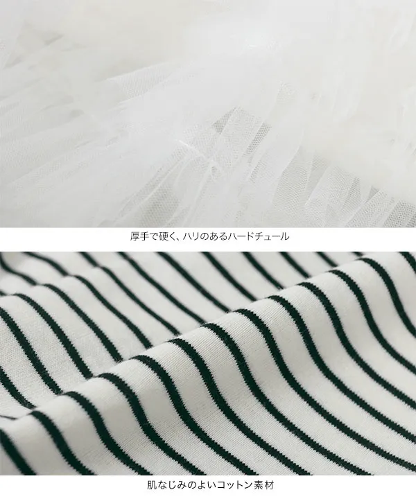 裾チュールドッキング長袖ボーダートップス [C7380] - レディース