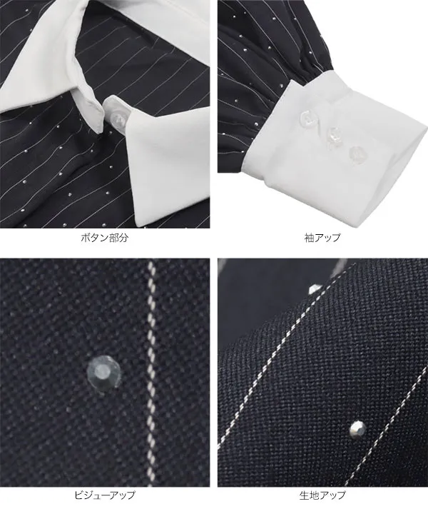 ストライプ×ビジュー配色ブラウス [C7389] 　