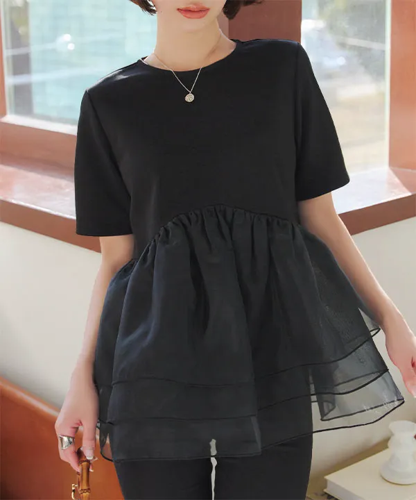 オーガンジーペプラムポンチTシャツ[C7399] - レディース