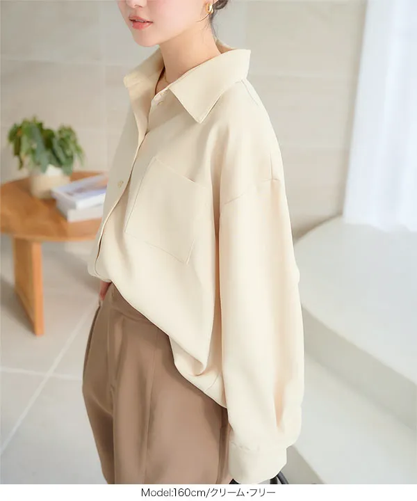 ブラウン 長袖シャツ ポケット付き サテン ワイドシルエット スタンド衿 シャツ 長袖 レディース(M