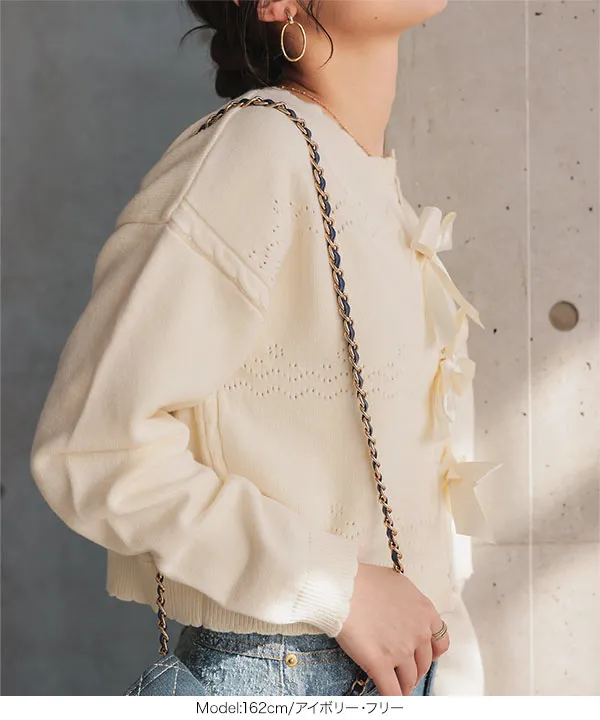 サテンリボン スカラップニットカーディガン [C7413] - レディース