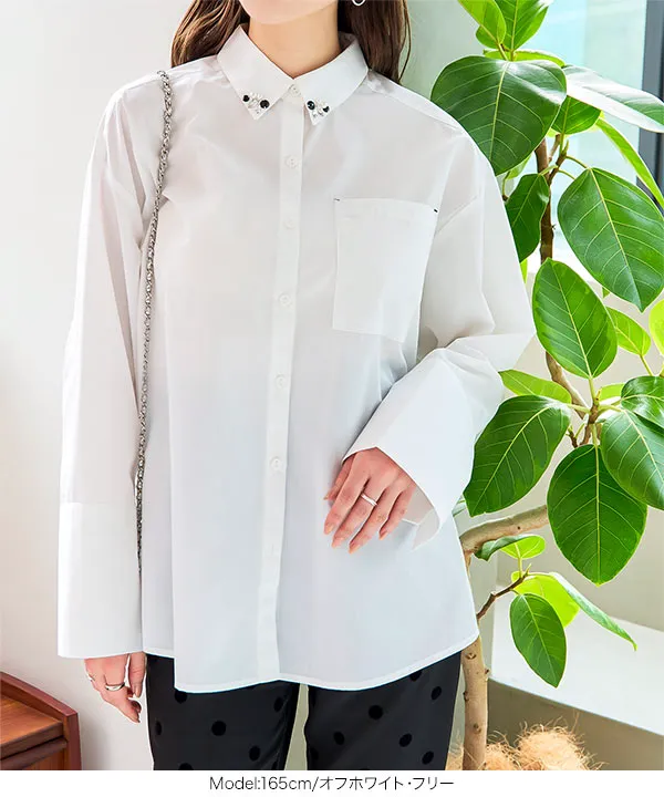ビジューカラーロングカフスビッグシャツ [C7423] - レディース