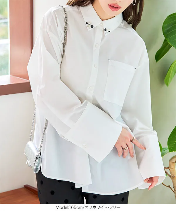 ビジューカラーロングカフスビッグシャツ [C7423] - レディース