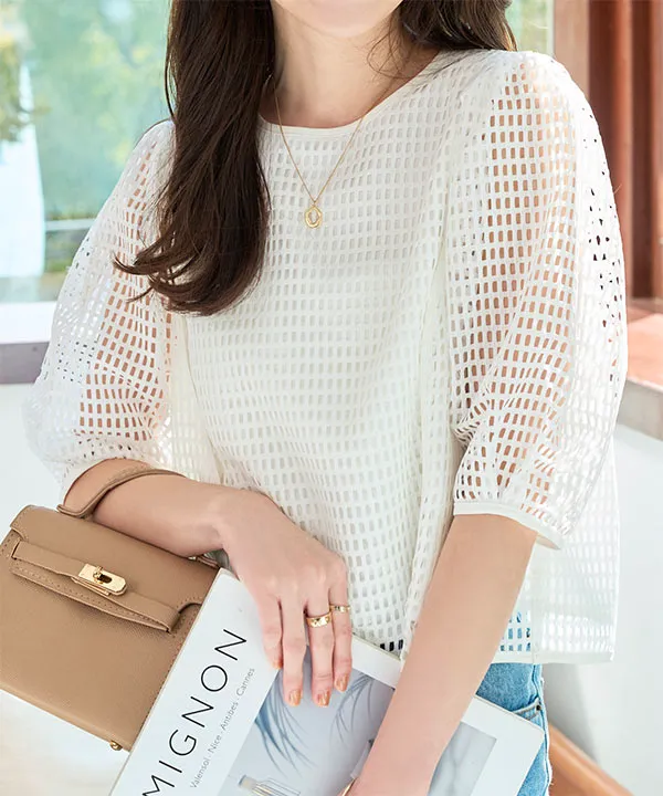 Ameriシアートップス Ameri（アメリ）の「SHEER JACQUARD KNIT TOP（ニット/セーター