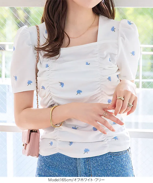 フラワー刺しゅうシャーリングプルオーバー [C7457] - レディース