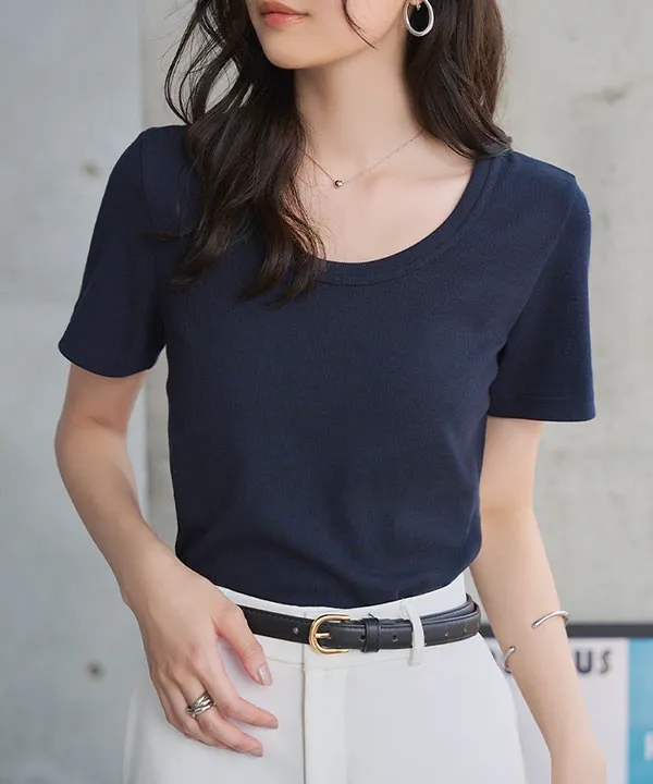 M L XL 選べるサイズ ] 深Uネック細リブ半袖Tシャツ [C7463] | 大好評