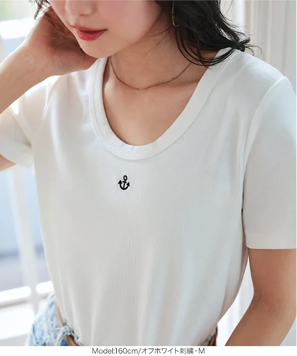 M L XL 選べるサイズ ] 深Uネック細リブ半袖Tシャツ [C7463