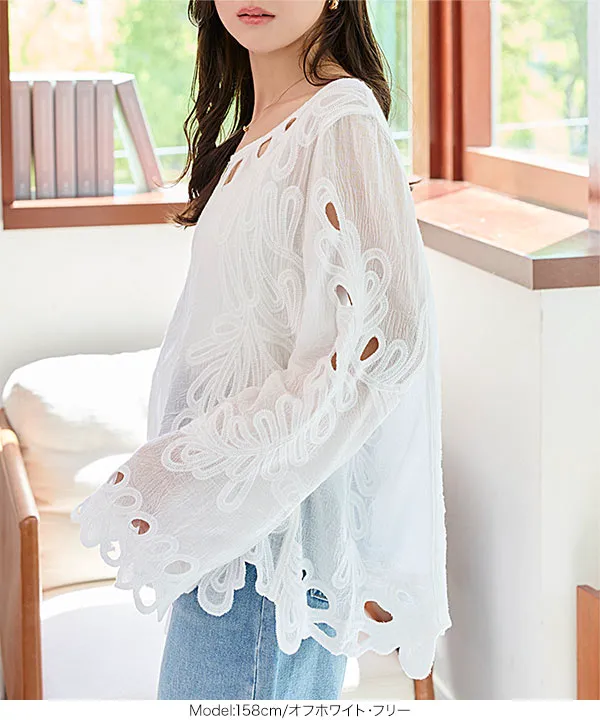 【美品】ビアズリー　カットソー　刺繍レース　カットワーク　プルオーバー　花柄　F フラワーカットワークプルオーバー [C7477] - レディースファッション