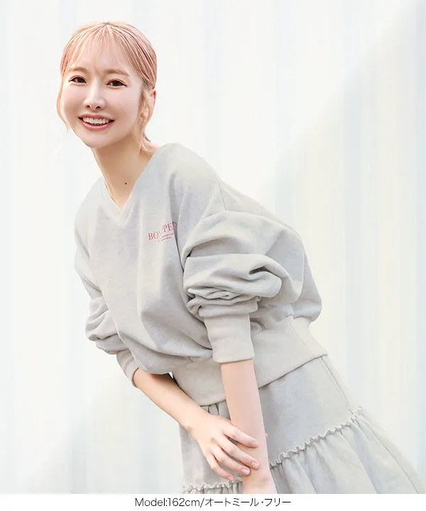 双松桃子さんコラボ ]裏起毛スウェットロゴVネックプルオーバー [C7478