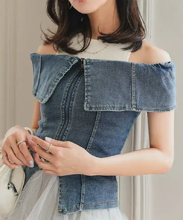 フロントジップデニムビスチェトップス [C7528]