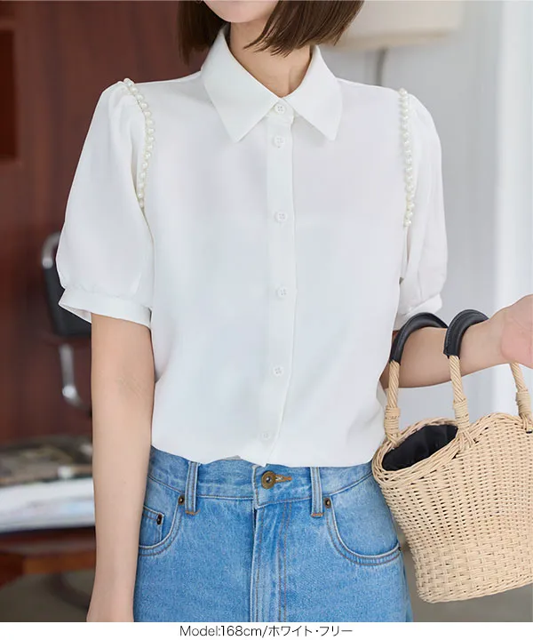 肩パールつきデザインブラウス[C7533] - レディースファッション通販