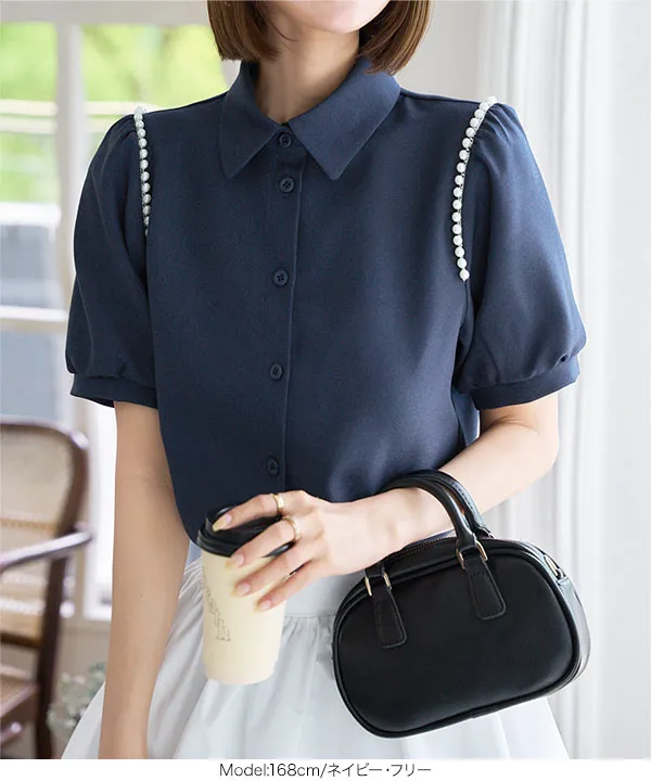 肩パールつきデザインブラウス[C7533] - レディースファッション通販