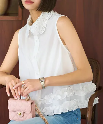 襟レースフリルヘムブラウス [C7541]