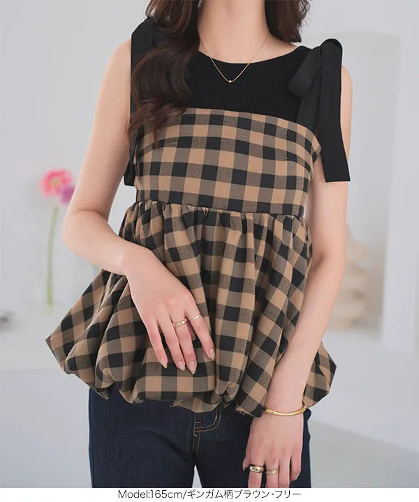 チェック柄バルーンリボンビスチェトップス [C7550] - レディース