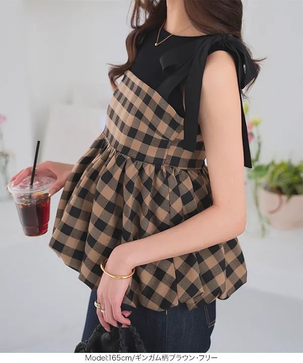 チェック柄バルーンリボンビスチェトップス [C7550] - レディース