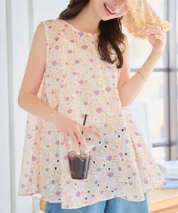 バックリボンAライン フラワー柄ブラウス [C7563]