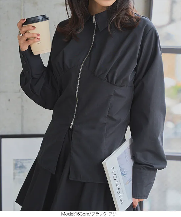 ジップデザインブロード長袖シャツブラウス [C7572] | SALE