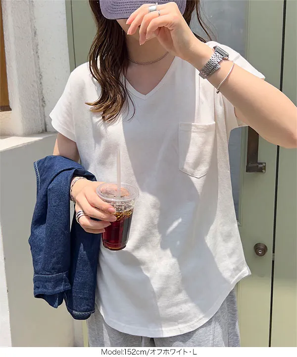 れたすV OW M M L XL 汗じみ防止＆UVカット ] ポケット付きVネックTシャツ