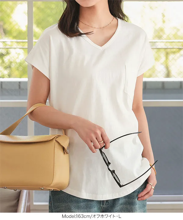M L XL 汗じみ防止＆UVカット ] ポケット付きVネックTシャツ [C7575