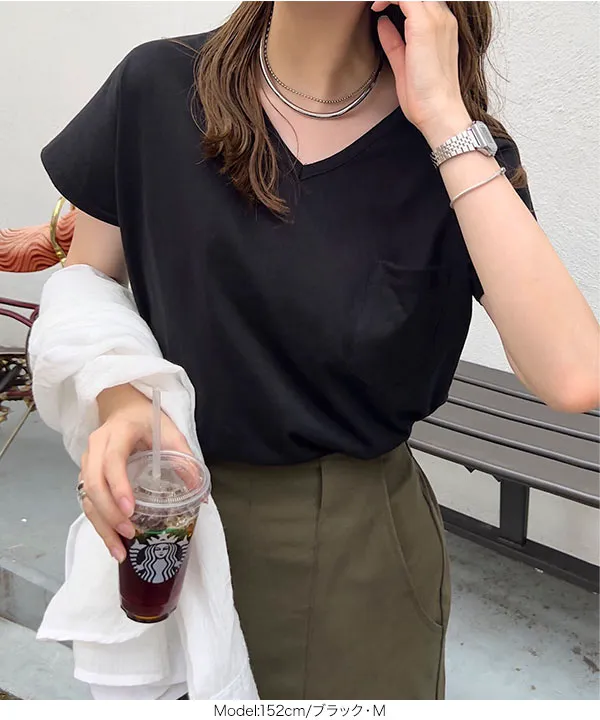 [ M L XL 汗じみ防止＆UVカット ] ポケット付きVネックTシャツ [C7575]