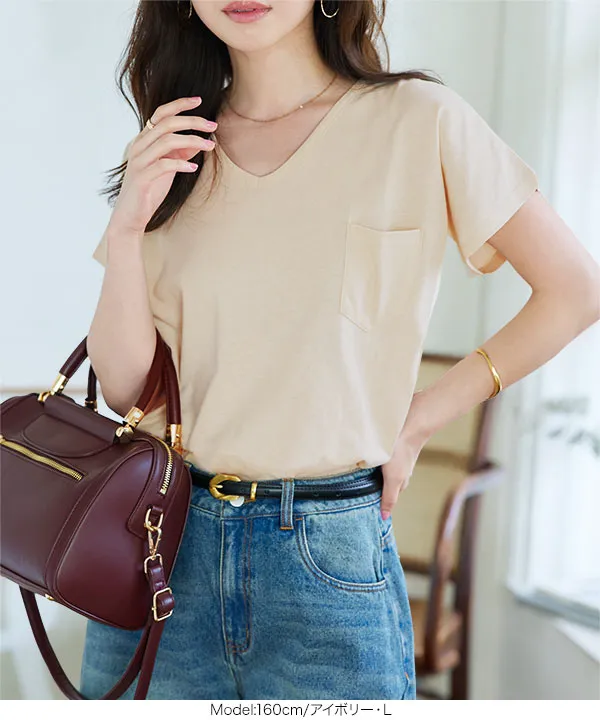 [ M L XL 汗じみ防止＆UVカット ] ポケット付きVネックTシャツ [C7575]