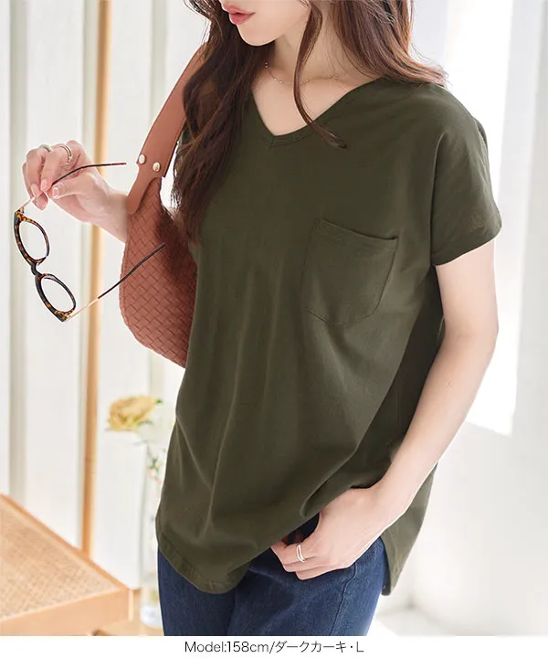 M L XL 汗じみ防止＆UVカット ] ポケット付きVネックTシャツ