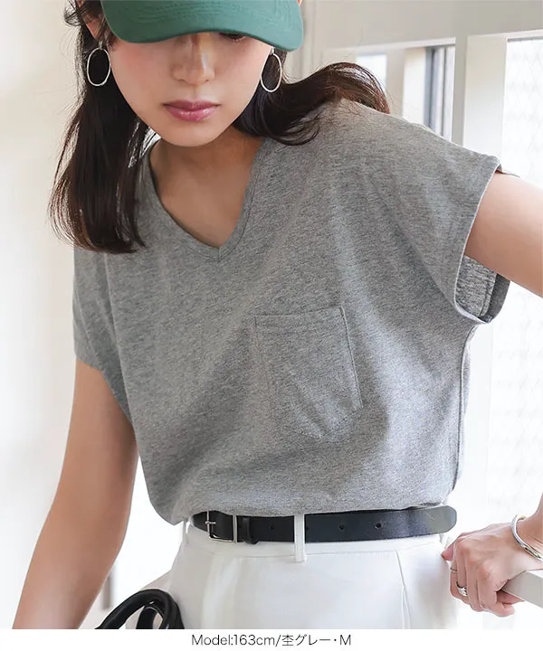 M L XL 汗じみ防止＆UVカット ] ポケット付きVネックTシャツ [C7575