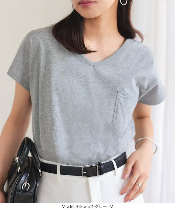 M L XL 汗じみ防止＆UVカット ] ポケット付きVネックTシャツ [C7575