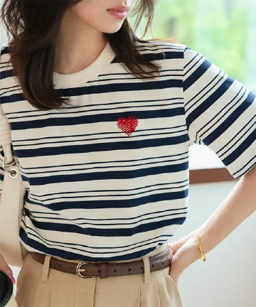 ハート刺繍ボーダーTシャツ [C7579]【メール便】 - レディース
