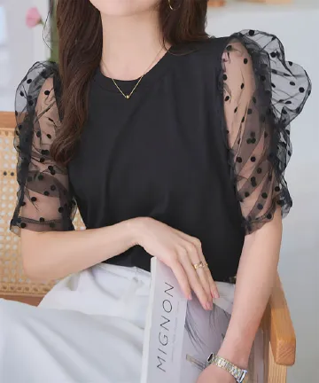 袖チュールドッキングTシャツ [C7585]