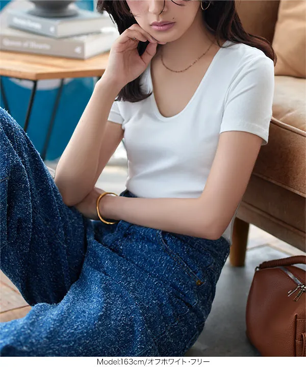深Uネック半袖シンプルTシャツ [C7609] - レディースファッション通販