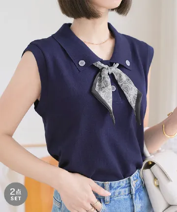 スカーフセット 襟付きノースリーブニット [C7614]