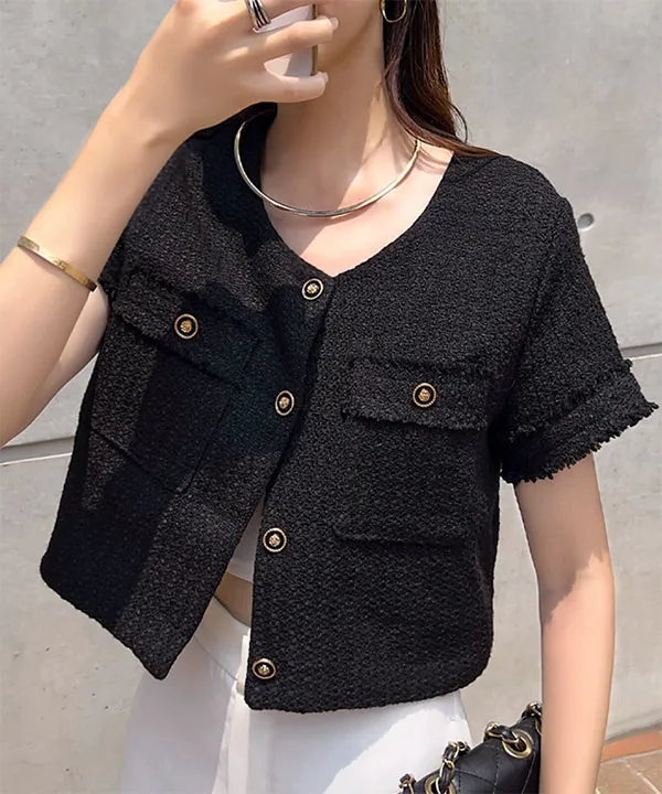 デザインボタン 半袖ツイードジャケット [C7626] - レディース