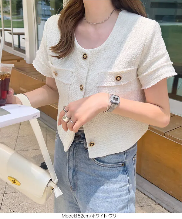 デザインボタン 半袖ツイードジャケット [C7626] - レディース