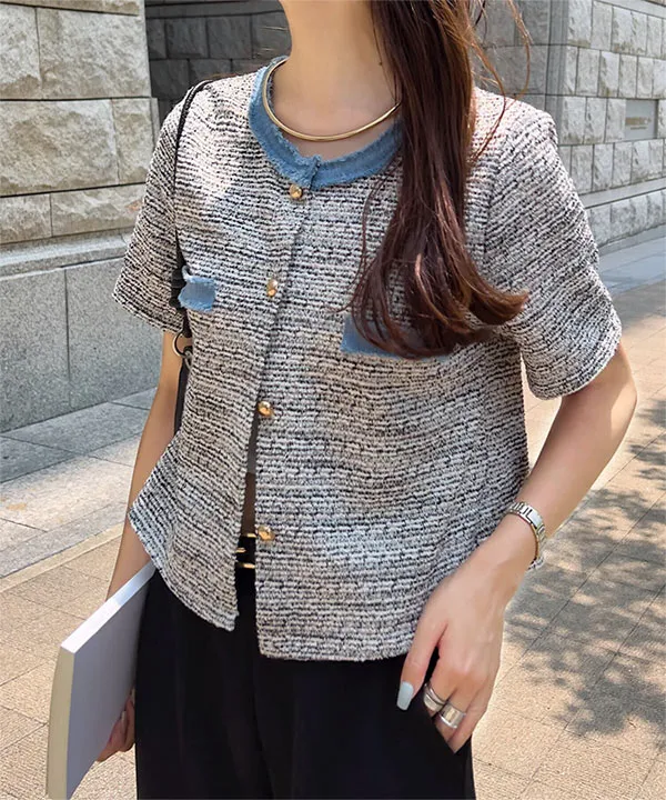最終 manielle 半袖ツイードジャケット サーモンピンク ブルー袖 最終 manielle 半袖ツイードジャケット サーモンピンク ブルー袖
