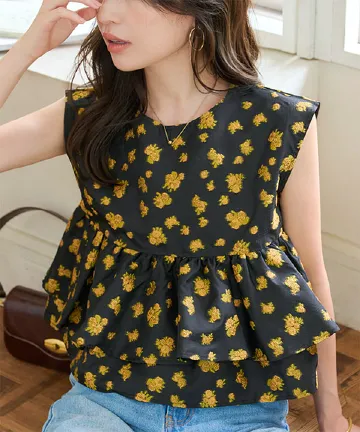 花柄ジャガードフリルシアーブラウス [C7644]