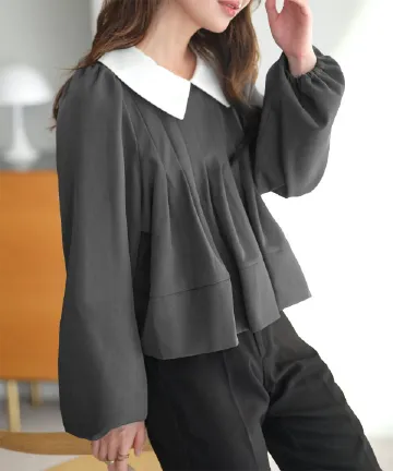 防シワバイカラー襟タックフレアブラウス [C7656]