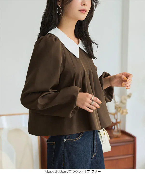 防シワバイカラー襟タックフレアブラウス [C7656] - レディース