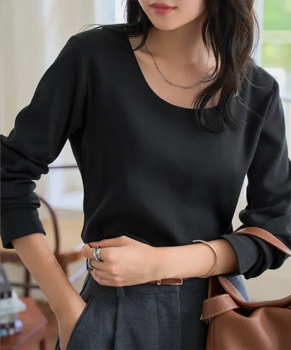 M L XL 選べるタイプ ] 深開きスクエア Uネック 長袖Tシャツ [C7665