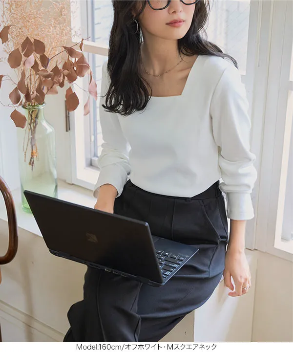 M L XL 選べるタイプ ] 深開きスクエア Uネック 長袖Tシャツ [C7665