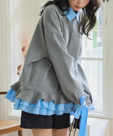 ダイバー素材レイヤード風袖リボントップス [C7667] - レディース