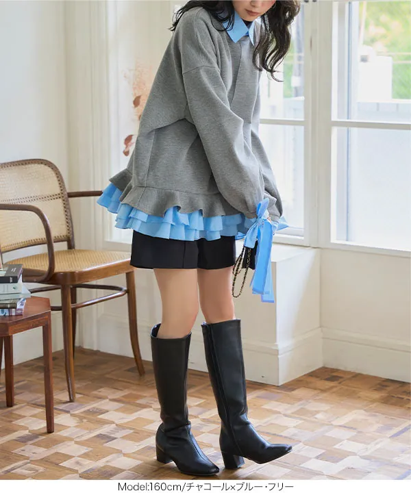 ダイバー素材レイヤード風袖リボントップス [C7667] - レディース