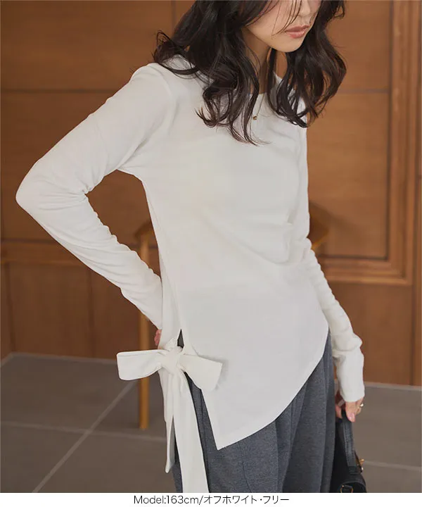 アシンメトリーサイドリボンスムースロンT [C7671] | SALE