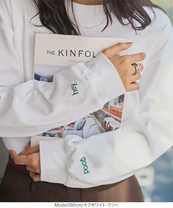 袖口ワンポイント刺繍ロンT [C7672]【メール便】 - レディース