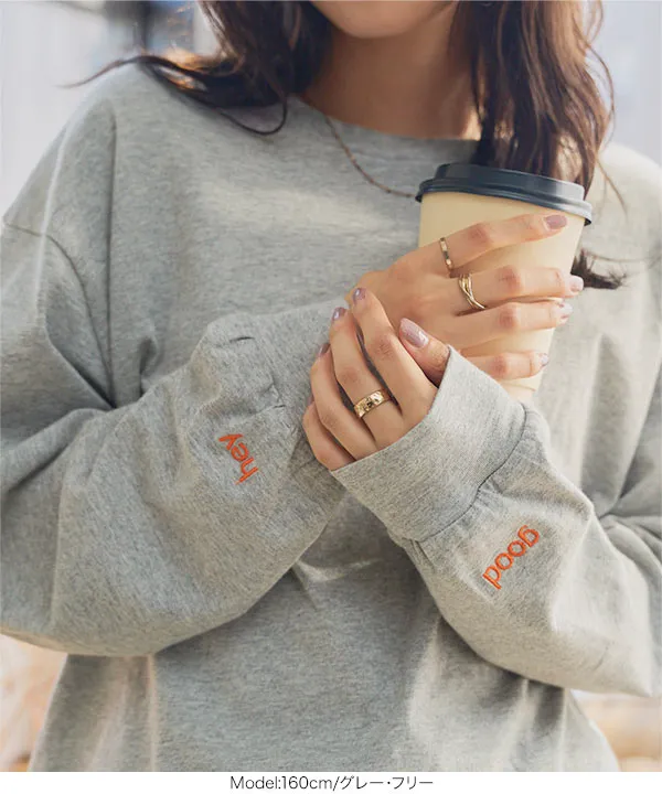 袖口ワンポイント刺繍ロンT [C7672]【メール便】 - レディース